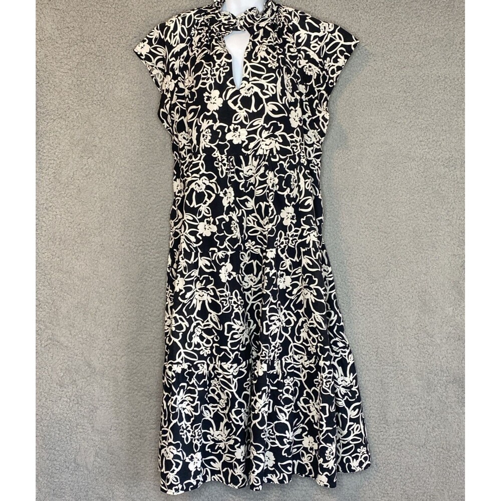 Pinch Cottagecore Ruffle 100% Cotton Midi Black White Floral tiered dress Size M
